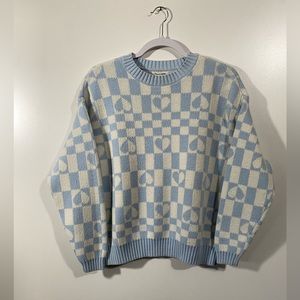 LA Hearts Checker Sweater with Hearts Knit Oversized pastel blue and white XS